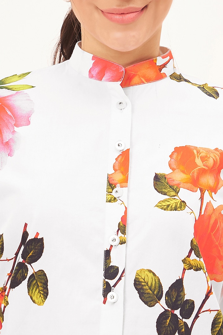 White Cotton Poplin Floral Printed Summer Shirt Dress by First Resort by Ramola Bachchan at Pernia's Pop Up Shop