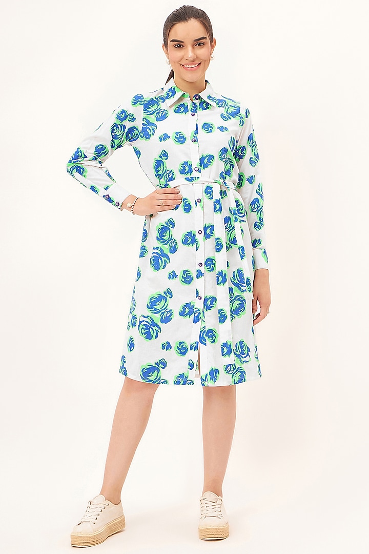 White Cotton Cambric Floral Printed Summer Shirt Dress by First Resort by Ramola Bachchan at Pernia's Pop Up Shop