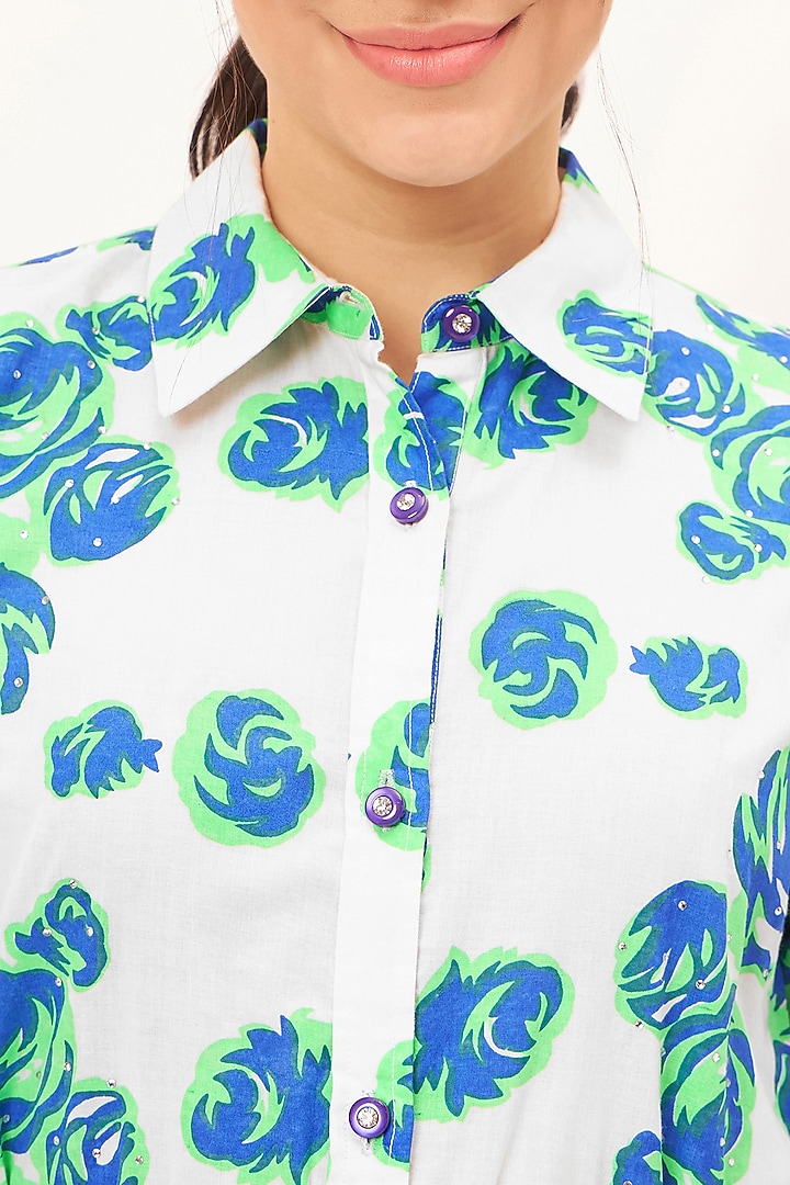White Cotton Cambric Floral Printed Summer Shirt Dress by First Resort by Ramola Bachchan at Pernia's Pop Up Shop