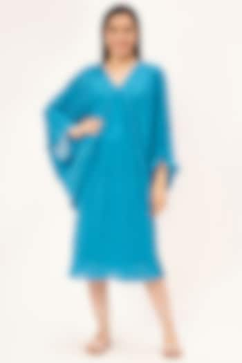 Turquoise Polyester Chiffon Pleated Kaftan Dress by First Resort by Ramola Bachchan at Pernia's Pop Up Shop