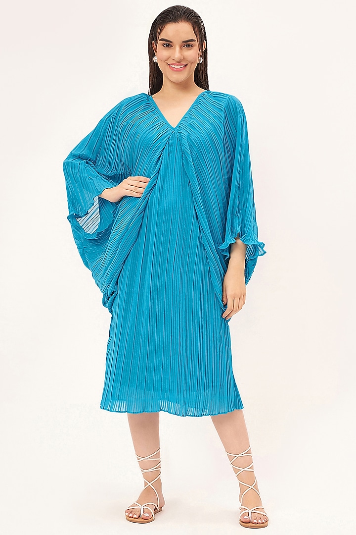 Turquoise Polyester Chiffon Pleated Kaftan Dress by First Resort by Ramola Bachchan at Pernia's Pop Up Shop