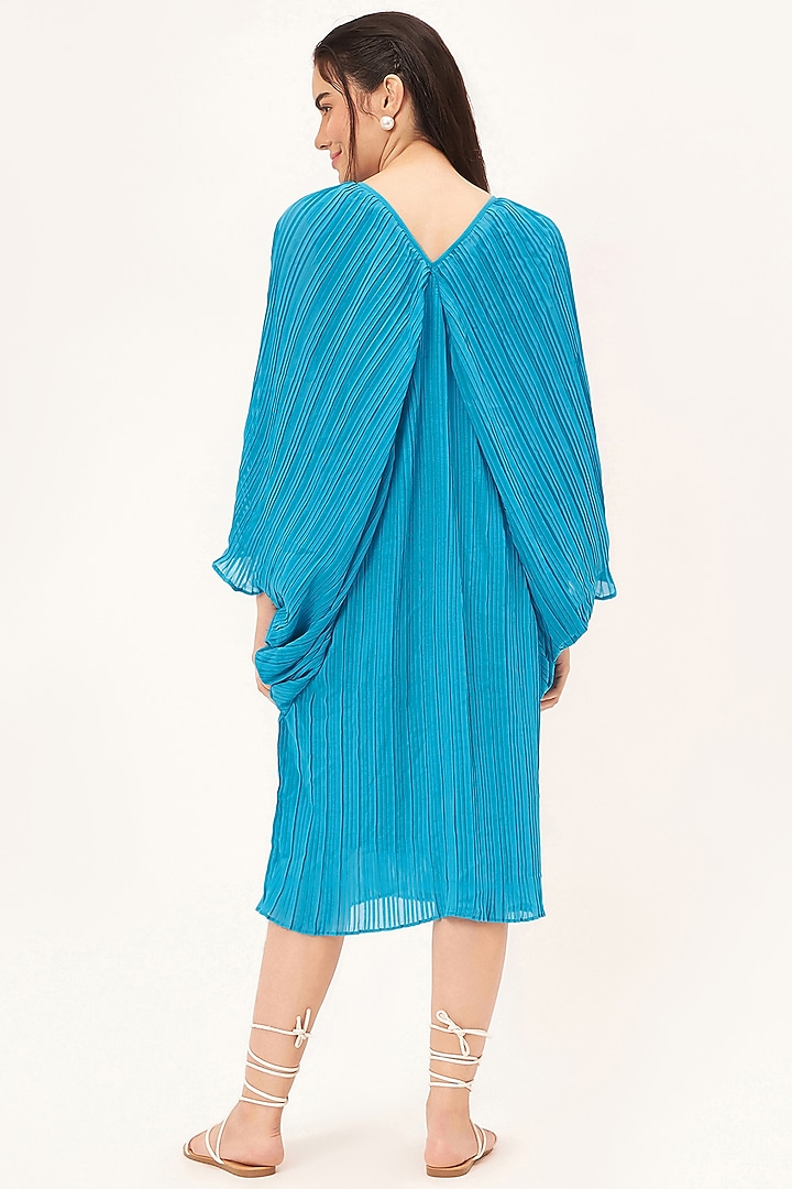 Turquoise Polyester Chiffon Pleated Kaftan Dress by First Resort by Ramola Bachchan at Pernia's Pop Up Shop