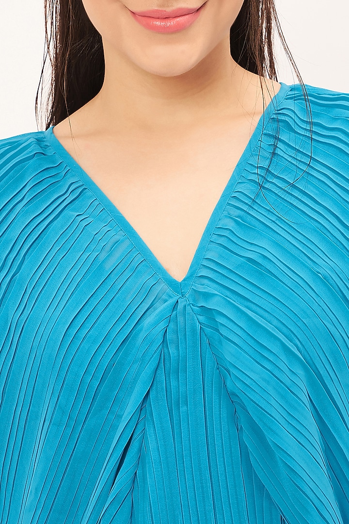 Turquoise Polyester Chiffon Pleated Kaftan Dress by First Resort by Ramola Bachchan at Pernia's Pop Up Shop