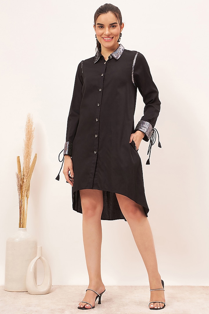 Black Cotton Satin Sequin Embroidered High-Low Shirt Dress by First Resort by Ramola Bachchan