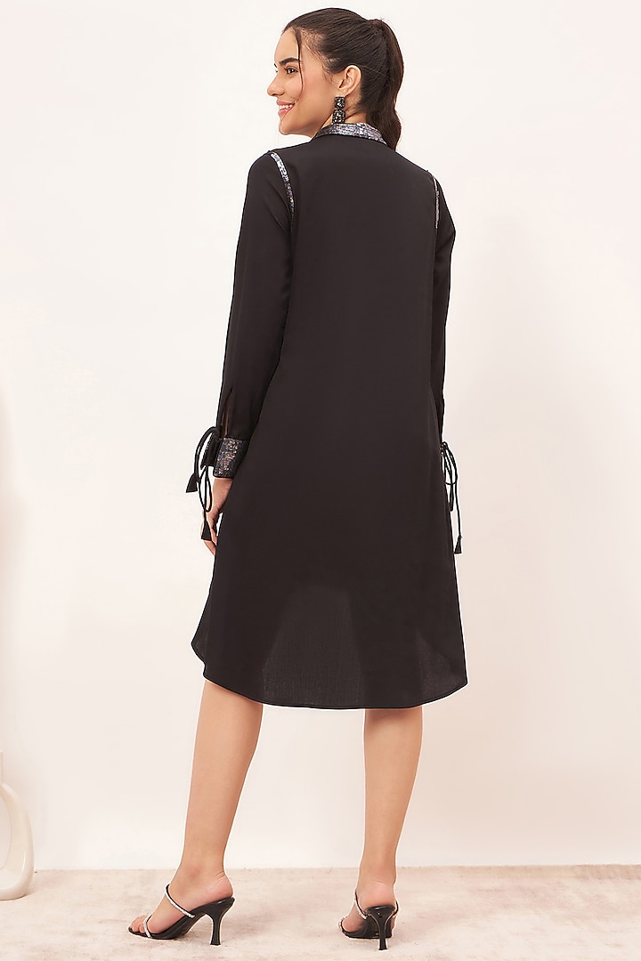 Black Cotton Satin Sequin Embroidered High-Low Summer Shirt Dress by First Resort by Ramola Bachchan at Pernia's Pop Up Shop