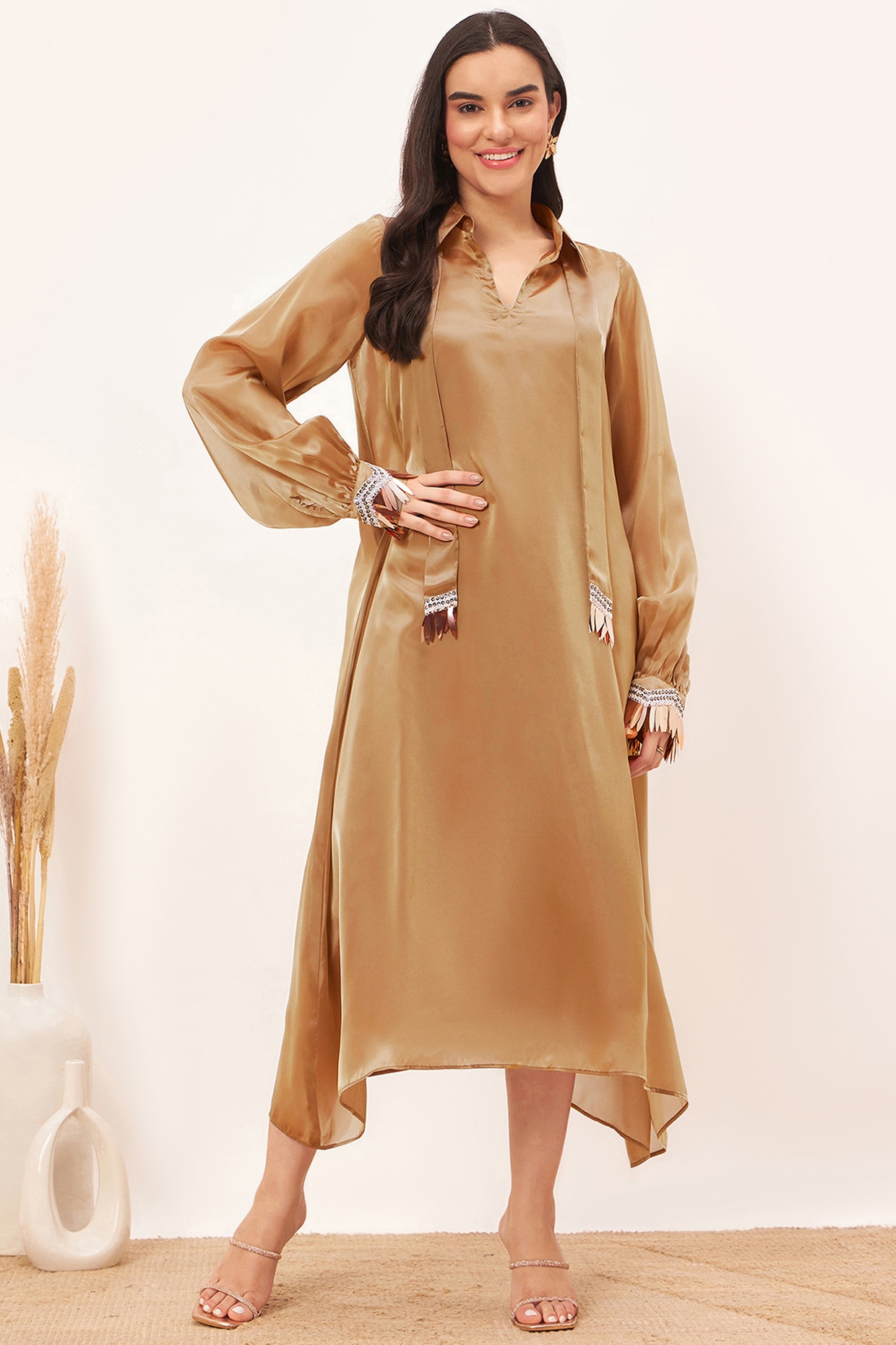 Hazel Brown Polyester Organza Lace Work A-Line Dress by First