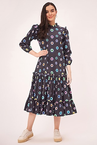 Black Cotton Poplin Evil Eye Printed Tiered Frilled Midi Dress by First Resort by Ramola Bachchan