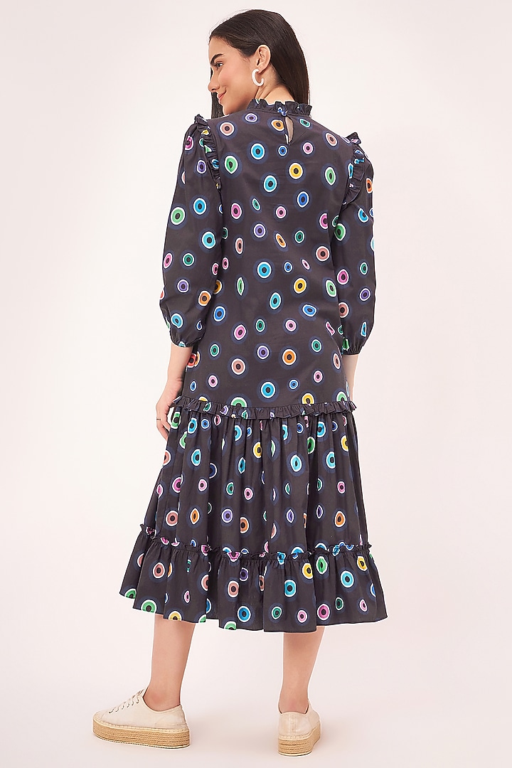Black Cotton Poplin Evil Eye Printed Tiered Frilled Midi Summer Dress by First Resort by Ramola Bachchan at Pernia's Pop Up Shop