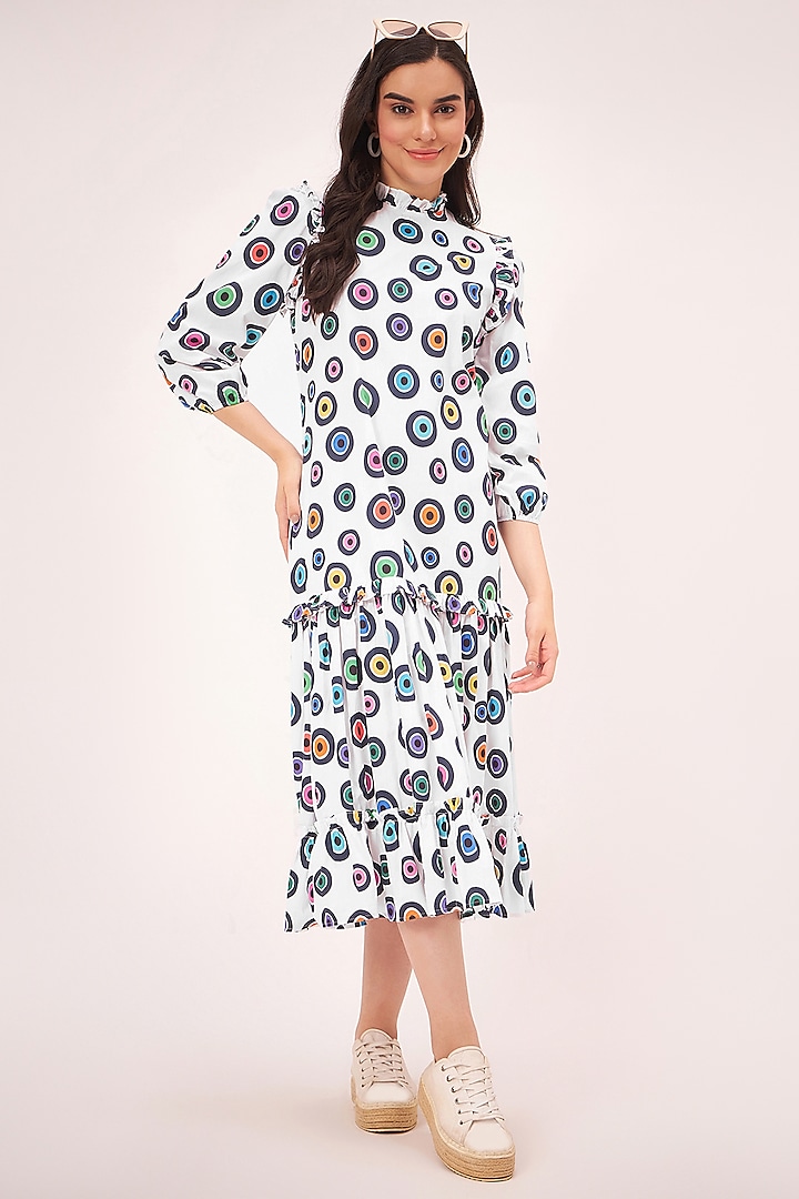 White Cotton Poplin Evil Eye Printed Tiered Frilled Midi Dress by First Resort by Ramola Bachchan