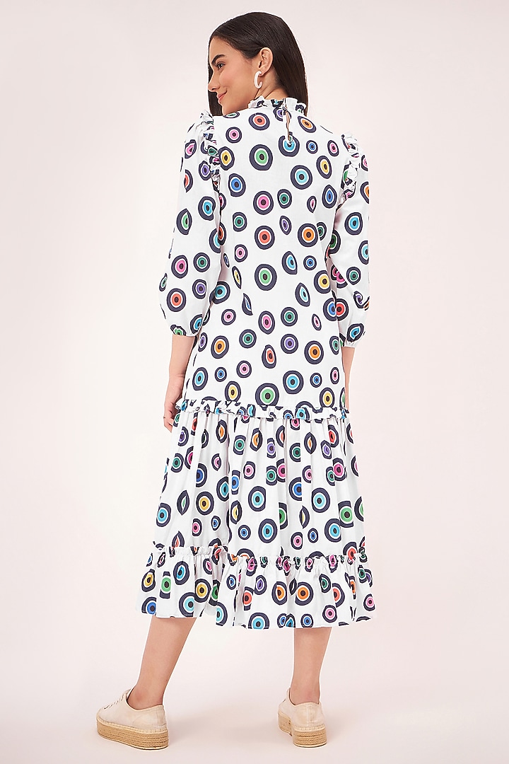 White Cotton Poplin Evil Eye Printed Tiered Frilled Midi Summer Dress by First Resort by Ramola Bachchan at Pernia's Pop Up Shop