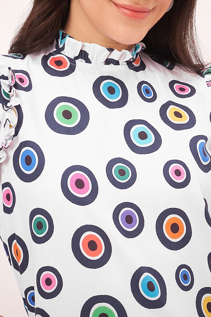 White Cotton Poplin Evil Eye Printed Tiered Frilled Midi Summer Dress by First Resort by Ramola Bachchan at Pernia's Pop Up Shop