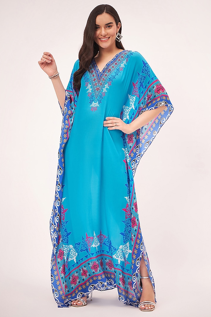 Blue Viscose Crepe Mexican Printed & Crystal Embellished Kaftan by First Resort by Ramola Bachchan at Pernia's Pop Up Shop