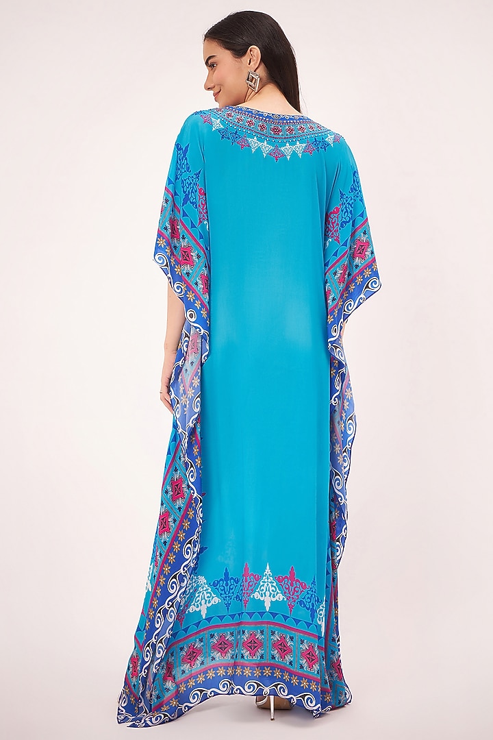 Blue Viscose Crepe Mexican Printed & Crystal Embellished Kaftan by First Resort by Ramola Bachchan at Pernia's Pop Up Shop