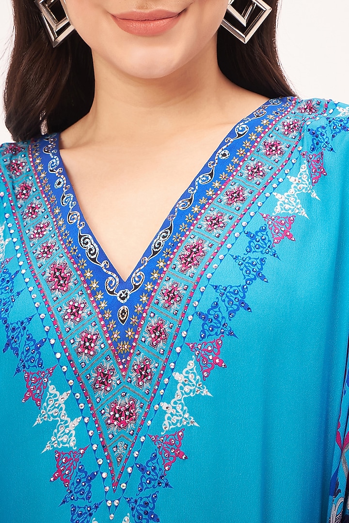 Blue Viscose Crepe Mexican Printed & Crystal Embellished Kaftan by First Resort by Ramola Bachchan at Pernia's Pop Up Shop