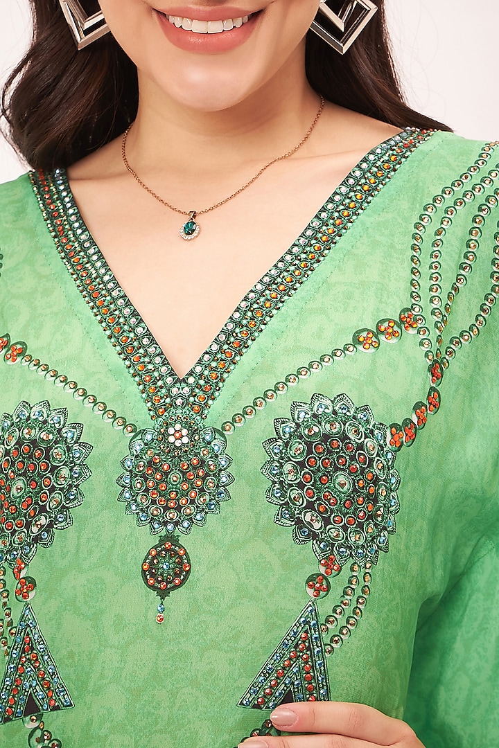 Parrot Green Viscose Crepe Printed Kaftan by First Resort by Ramola Bachchan at Pernia's Pop Up Shop