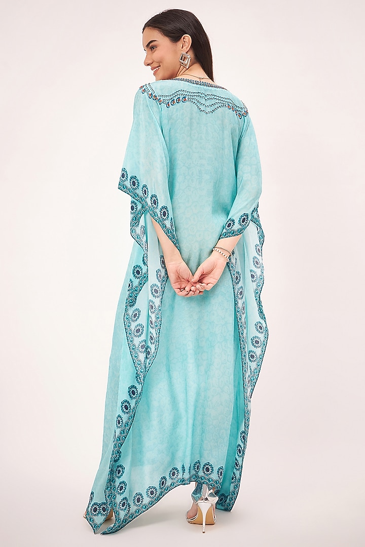 Sky Blue Viscose Crepe Printed Kaftan by First Resort by Ramola Bachchan at Pernia's Pop Up Shop