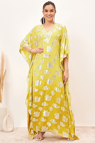 Yellow Lurex Georgette Mirror Work Ombre Kaftan by First Resort by Ramola Bachchan