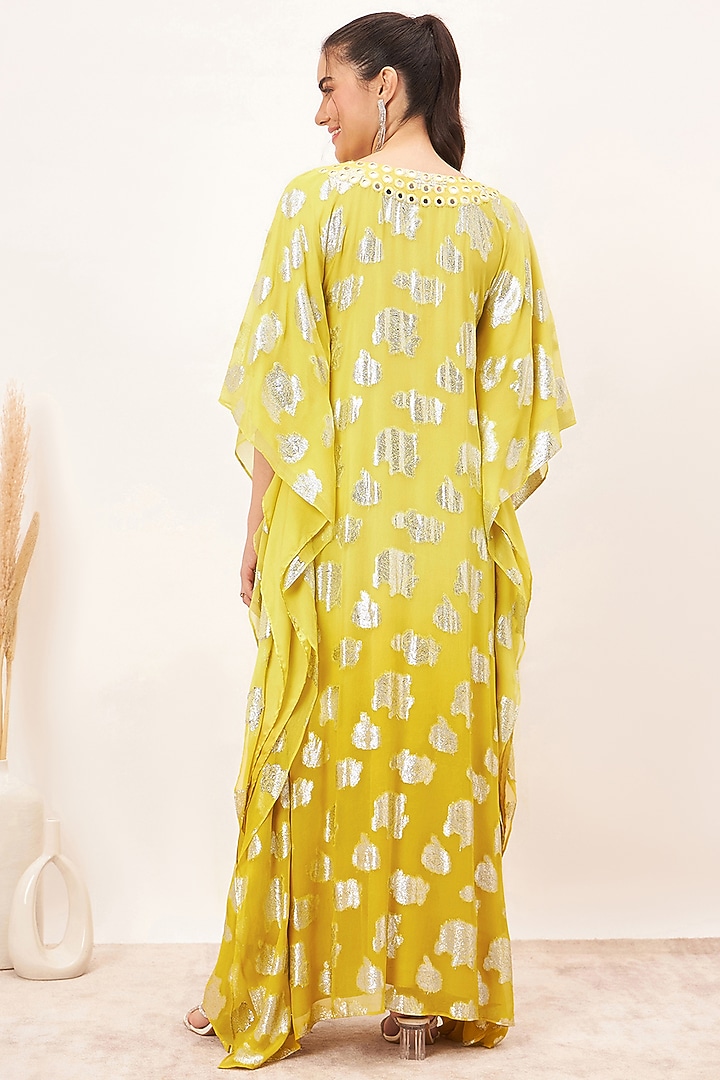 Yellow Lurex Georgette Mirror Work Ombre Kaftan by First Resort by Ramola Bachchan at Pernia's Pop Up Shop