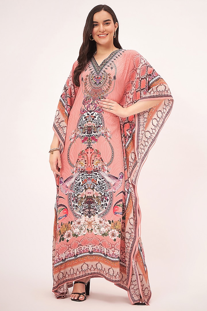 Peach Silk Crepe Digital Printed & Crystal Embellished Kaftan by First Resort by Ramola Bachchan
