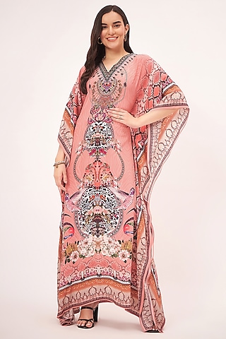 Peach Silk Crepe Digital Printed & Crystal Embellished Kaftan by First Resort by Ramola Bachchan
