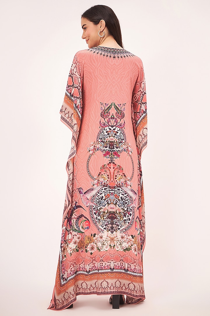 Peach Silk Crepe Digital Printed & Crystal Embellished Kaftan by First Resort by Ramola Bachchan at Pernia's Pop Up Shop