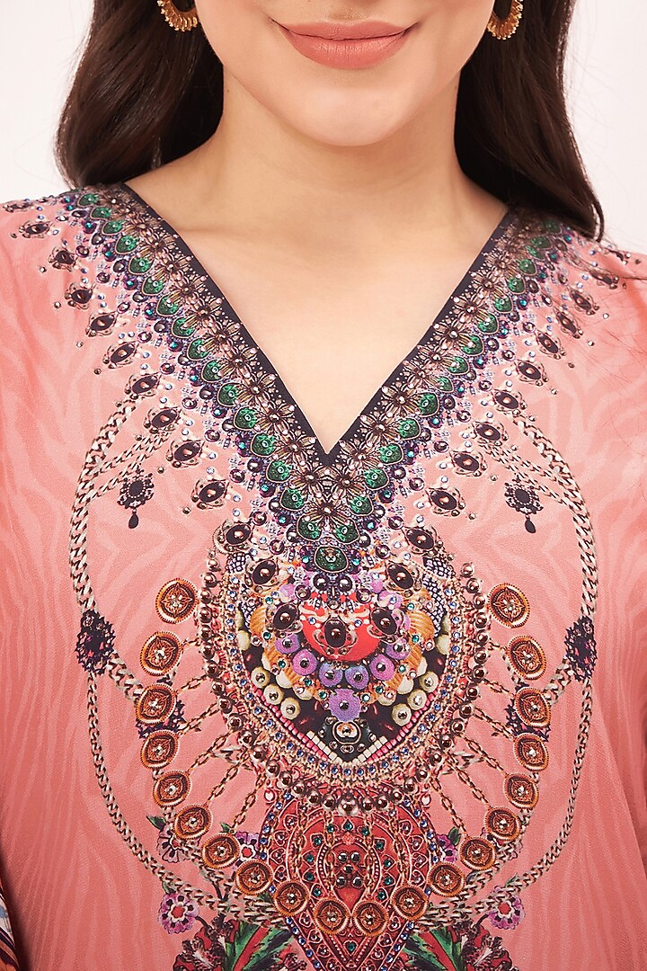 Peach Silk Crepe Digital Printed & Crystal Embellished Kaftan by First Resort by Ramola Bachchan at Pernia's Pop Up Shop