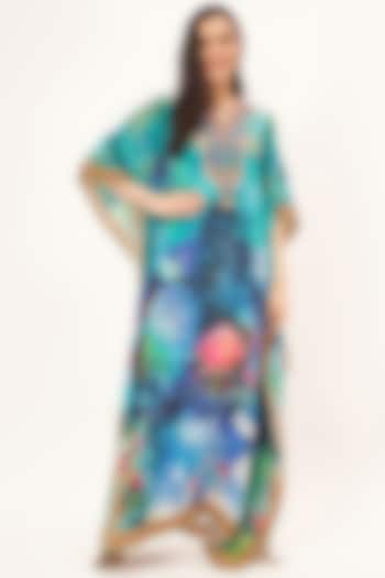 Blue Silk Crepe Floral Printed & Crystal Embellished Kaftan by First Resort by Ramola Bachchan