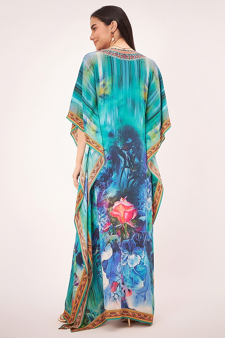 Blue Silk Crepe Floral Printed & Crystal Embellished Kaftan by First Resort by Ramola Bachchan at Pernia's Pop Up Shop