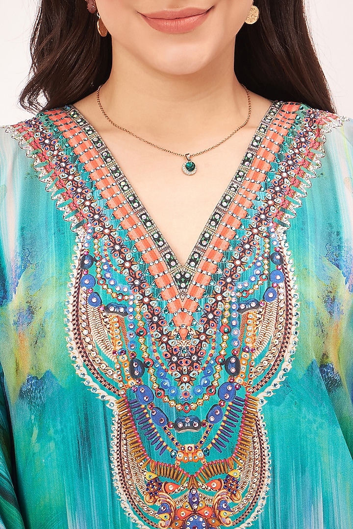 Blue Silk Crepe Floral Printed & Crystal Embellished Kaftan by First Resort by Ramola Bachchan at Pernia's Pop Up Shop