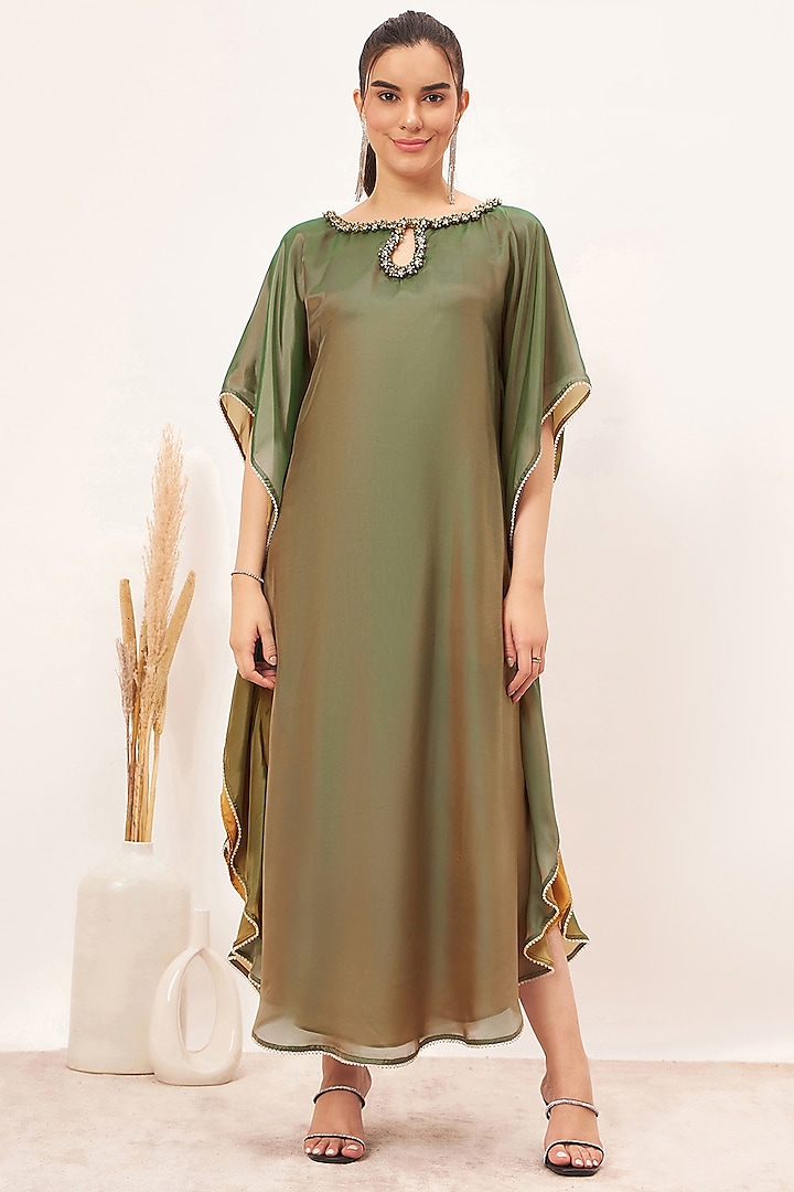 Green Polyester Organza Crystal Embroidered Kaftan by First Resort by Ramola Bachchan