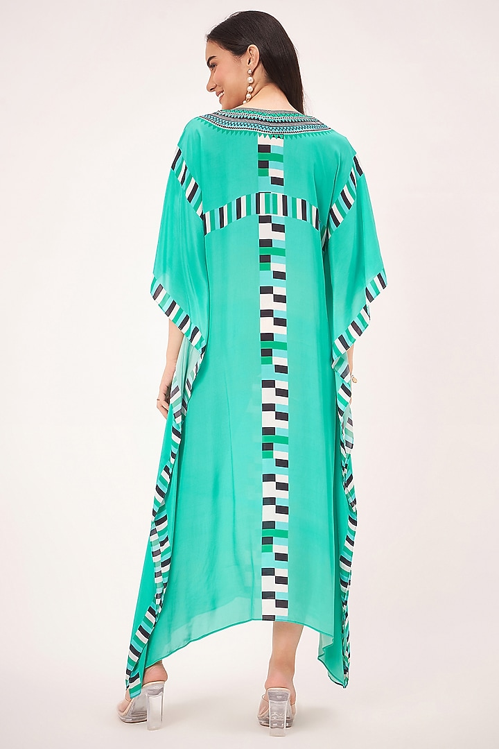 Green Viscose Crepe Geometric Printed Kaftan by First Resort by Ramola Bachchan at Pernia's Pop Up Shop