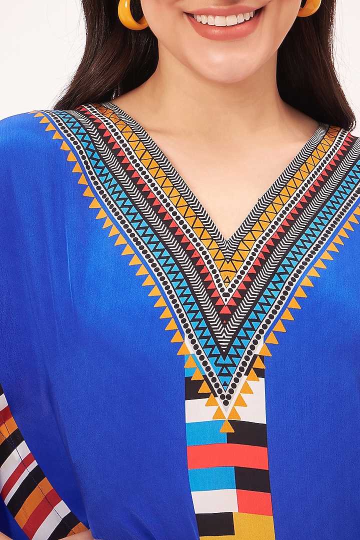 Navy Blue Viscose Crepe Geometric Printed Kaftan by First Resort by Ramola Bachchan at Pernia's Pop Up Shop