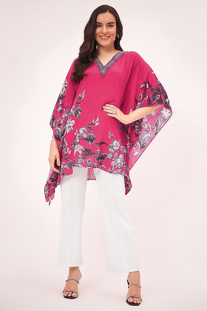 Maroon Viscose Crepe Floral Embellished Kaftan Top by First Resort by Ramola Bachchan at Pernia's Pop Up Shop