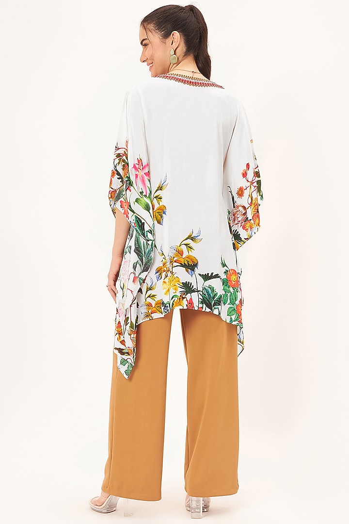 White Viscose Crepe Floral Embellished Kaftan Top by First Resort by Ramola Bachchan at Pernia's Pop Up Shop
