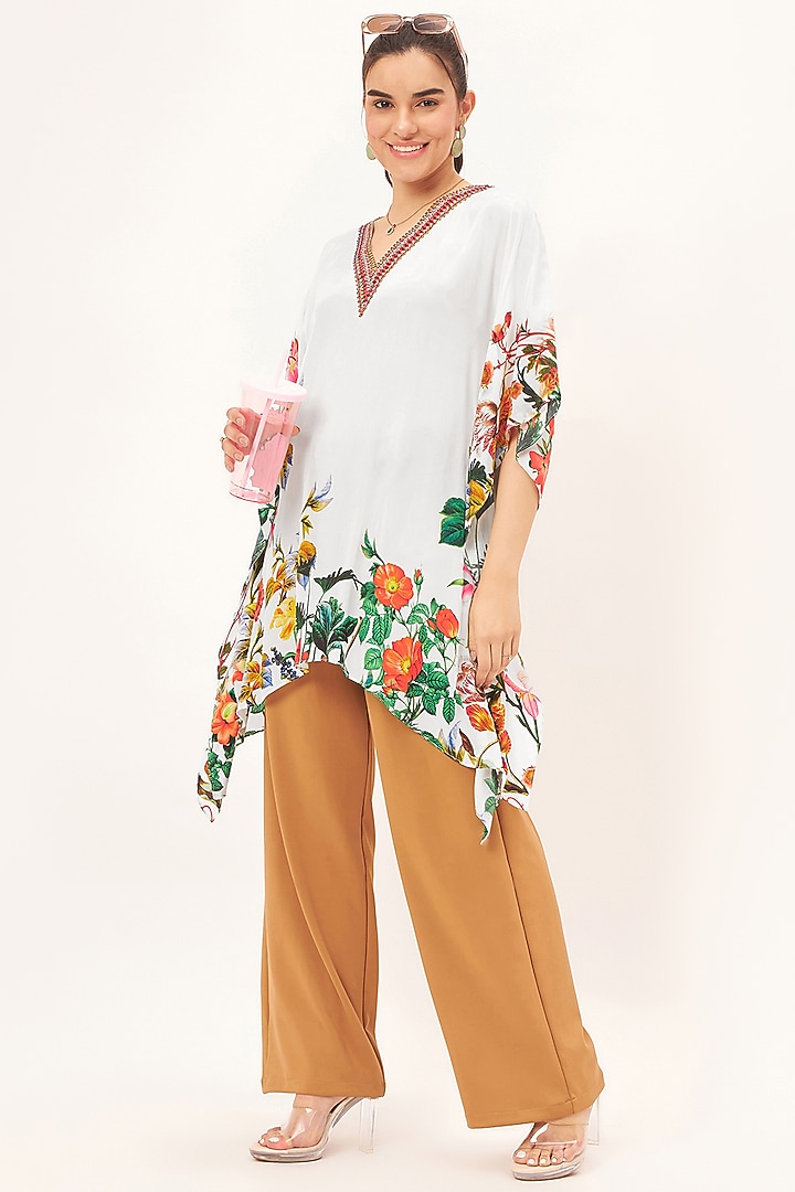 White Viscose Crepe Floral Embellished Kaftan Top by First Resort by Ramola Bachchan at Pernia's Pop Up Shop