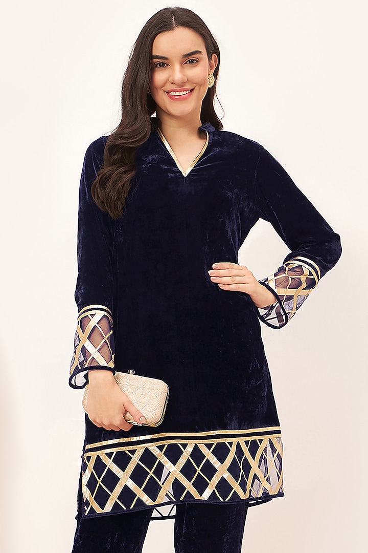 Blue Silk Velvet Kurta  by First Resort by Ramola Bachchan at Pernia's Pop Up Shop