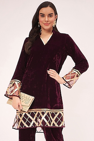 Maroon Silk Velvet Kurta  by First Resort by Ramola Bachchan