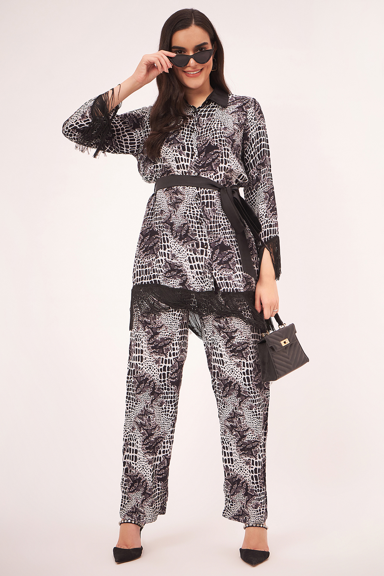 Black & White Viscose Crepe Printed Co-Ord Set by First Resort by Ramola Bachchan