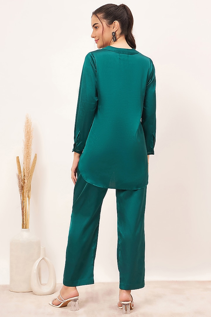 Teal Polyester Satin Crystal Embellished Co-Ord Set by First Resort by Ramola Bachchan at Pernia's Pop Up Shop