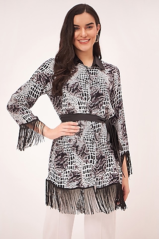 Black & White Viscose Crepe Printed Shirt by First Resort by Ramola Bachchan