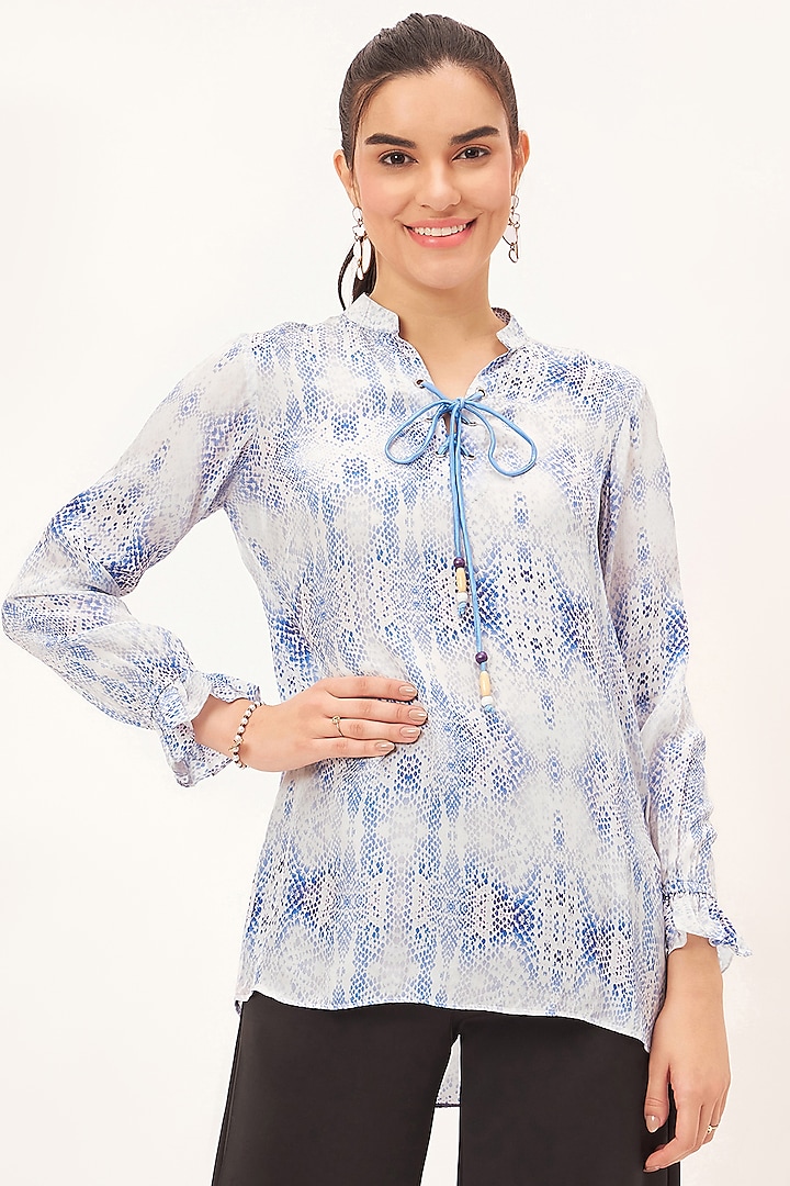 Light Blue Viscose Crepe Printed Lace-Up Top by First Resort by Ramola Bachchan