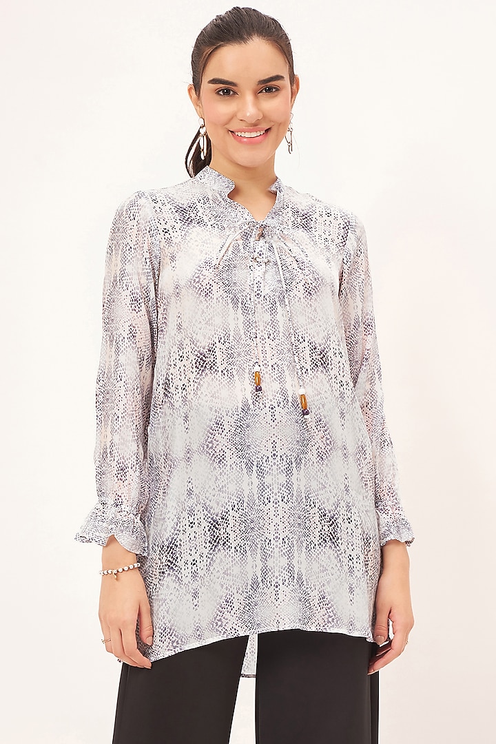 Light Purple Viscose Crepe Printed Lace-Up Top by First Resort by Ramola Bachchan