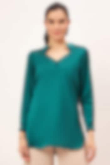 Teal Polyester Satin Crystal Embellished Top by First Resort by Ramola Bachchan