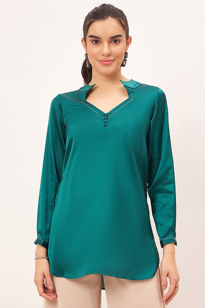 Teal Polyester Satin Crystal Embellished Top by First Resort by Ramola Bachchan