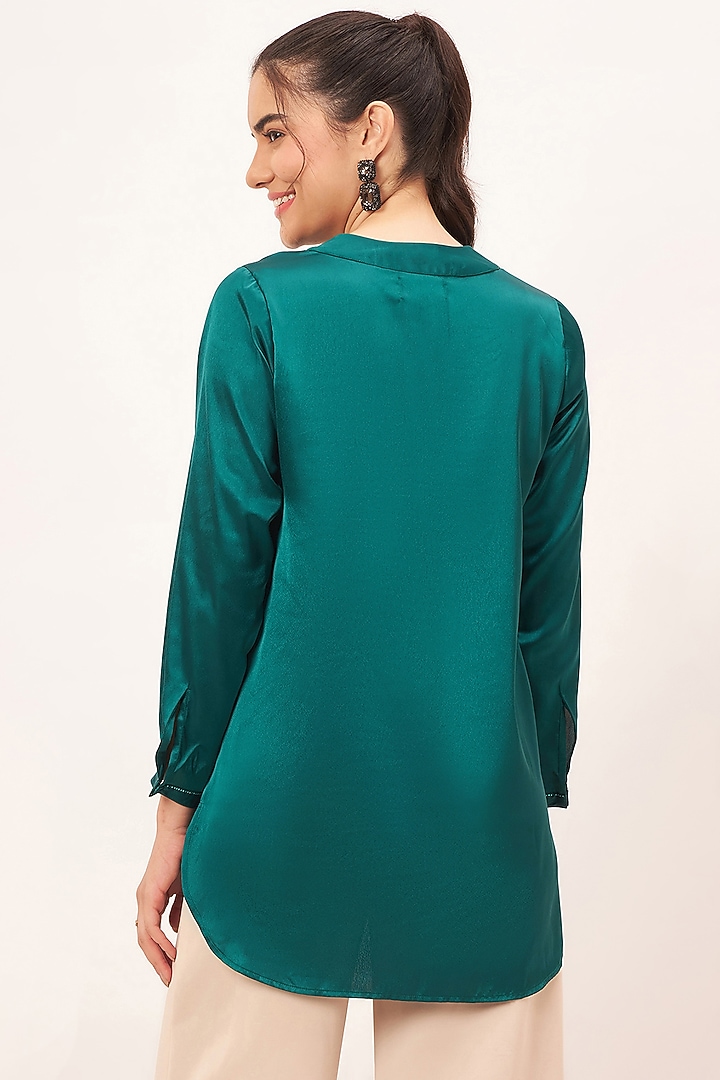 Teal Polyester Satin Crystal Embellished Top by First Resort by Ramola Bachchan at Pernia's Pop Up Shop