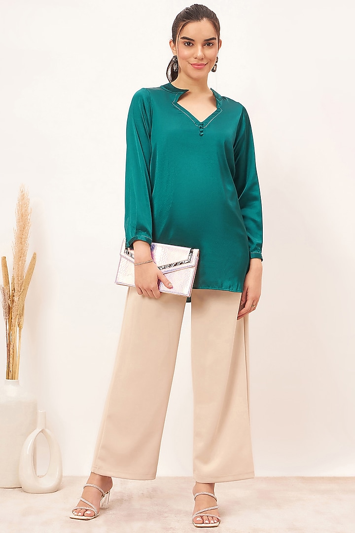 Teal Polyester Satin Crystal Embellished Top by First Resort by Ramola Bachchan at Pernia's Pop Up Shop