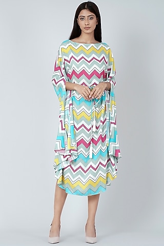 Blue & Pink Cotton Modal Printed Midi Dress by First Resort by Ramola Bachchan