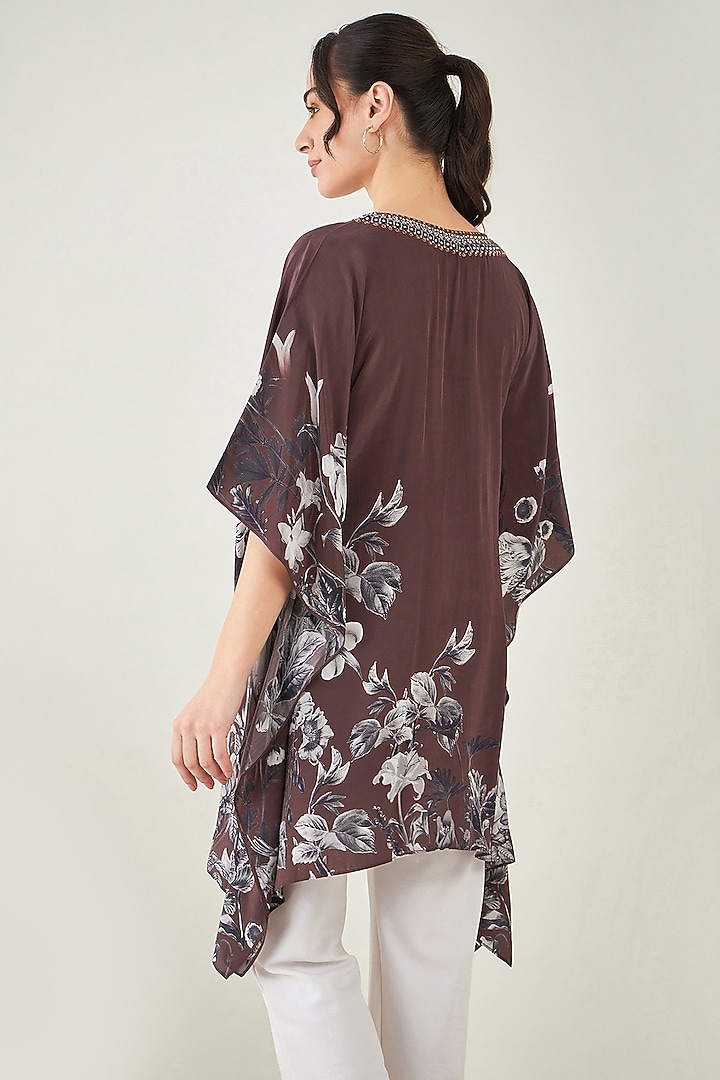 Brown Viscose Crepe Floral Embellished Kaftan Top by First Resort by Ramola Bachchan at Pernia's Pop Up Shop