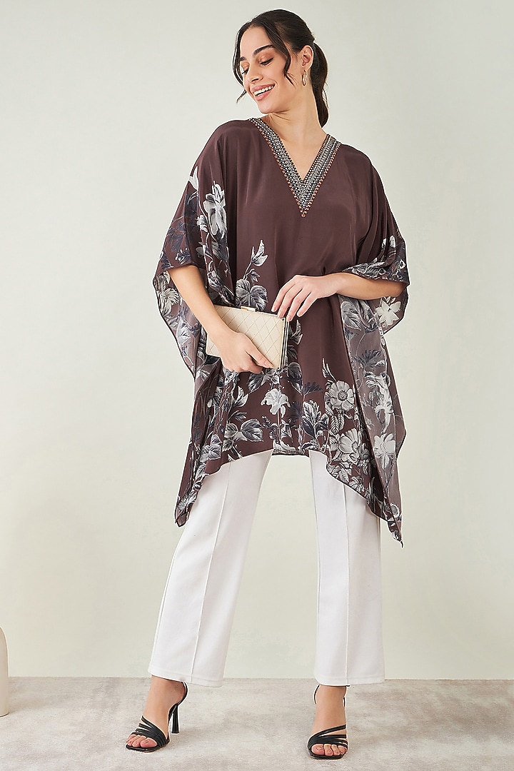 Brown Viscose Crepe Floral Embellished Kaftan Top by First Resort by Ramola Bachchan at Pernia's Pop Up Shop