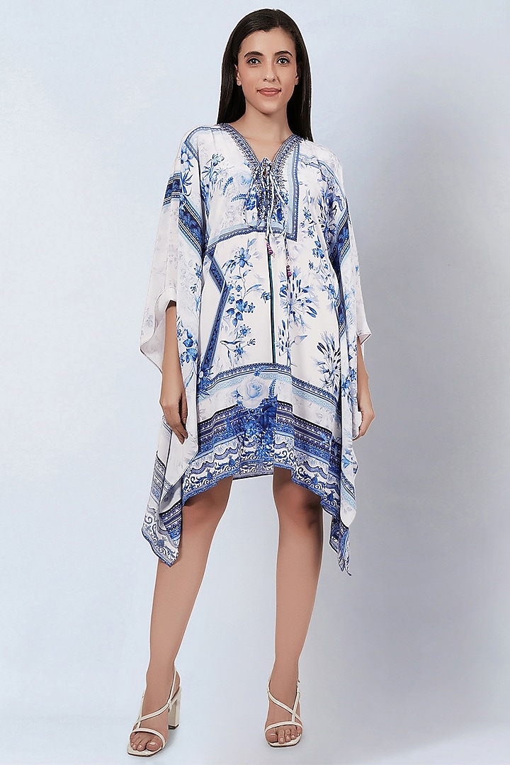 White & Blue Silk Crepe Printed Tunic by First Resort by Ramola Bachchan